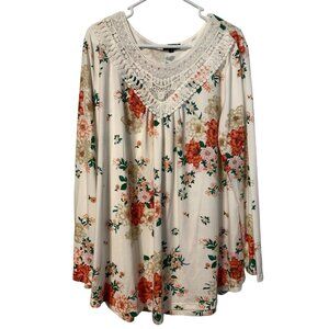 A.Jesdani Lace Pleated Blouse Tunic Top Beige with Flowers Plus Size 3X EUC